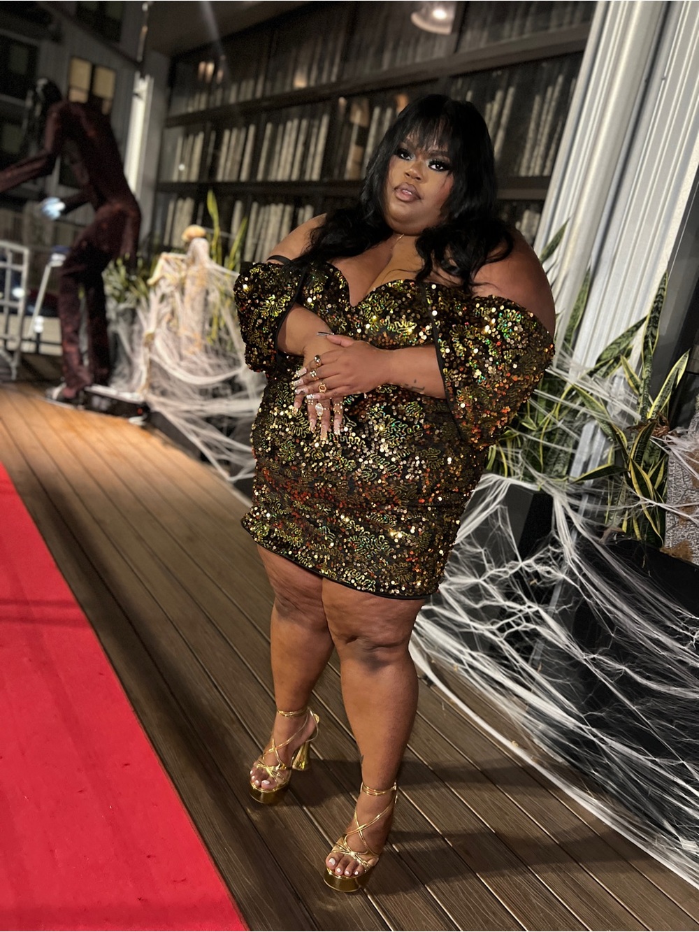 Sequin Off-Shoulder Mini Dress in Multicolor Gold